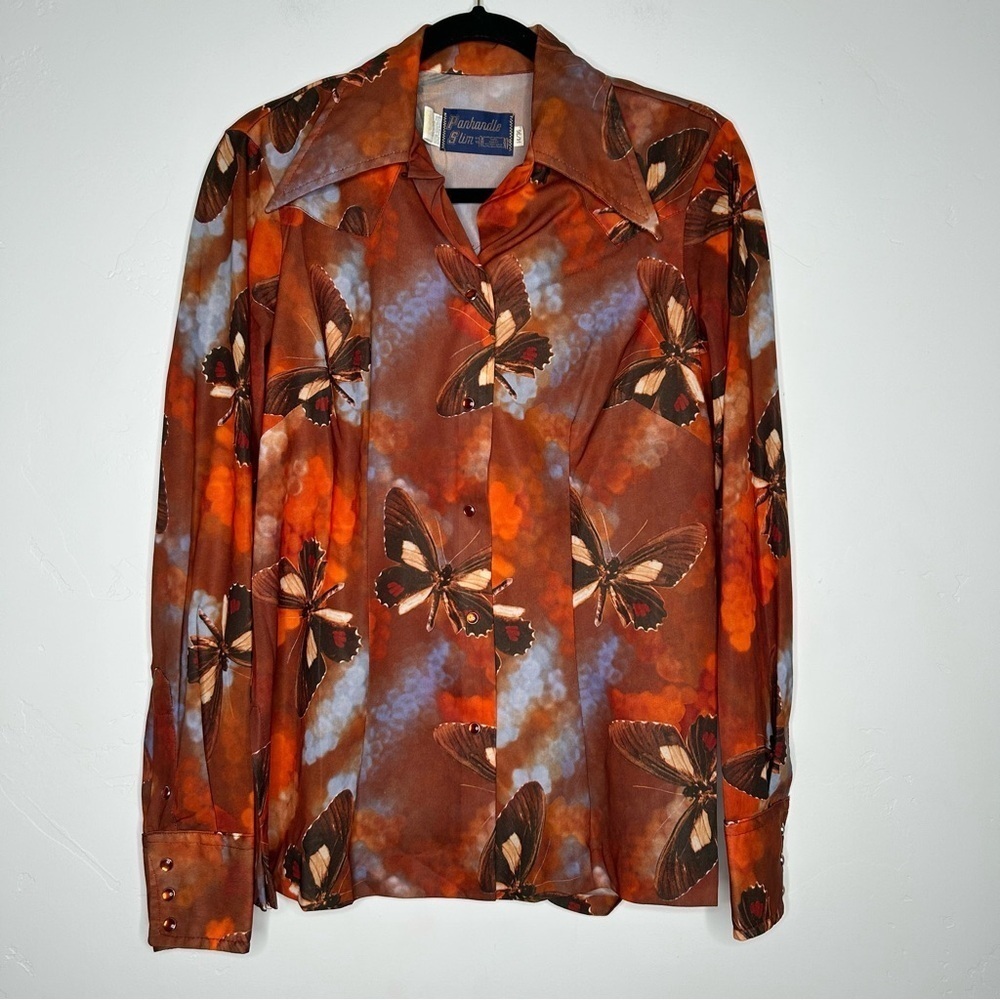 VNTG 70's Panhandle Slim Orange Blue Brown Butterfly Snap Front Shirt Size 14/36